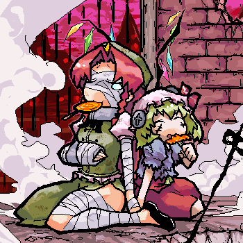 yugiri, flandre scarlet, hong meiling, embodiment of scarlet devil, touhou, bad id, bad pixiv id, lowres, 2girls, bandages, buttons, candy, female focus, food, hat, holding hands, lollipop, multiple girls, scar, skirt, smoke, stitches, swirl lollipop