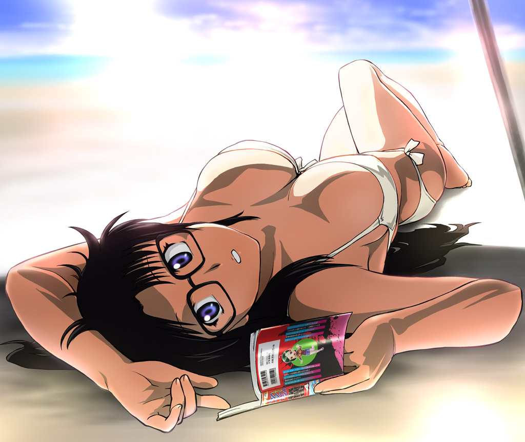 ueyama michirou, yomiko readman, read or die, 00s, 1girl, beach, bikini, black hair, blue eyes, book, breasts, female focus, glasses, large breasts, long hair, lying, on back, side-tie bikini bottom, solo, swimsuit