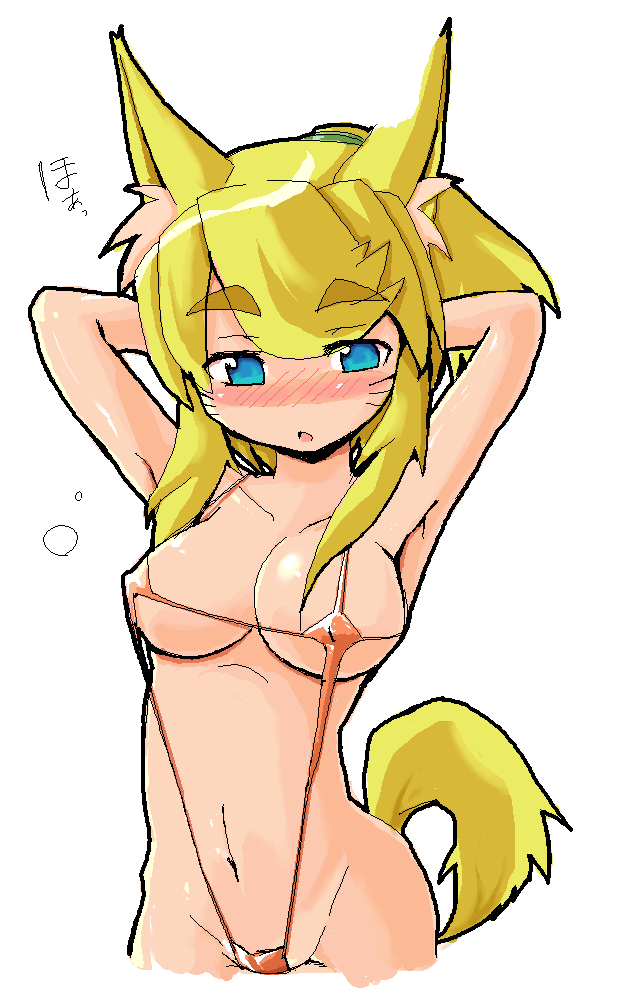 liru, renkin san-kyuu magical pokaan, 1girl, animal ears, armpits, bikini, blonde hair, blue eyes, blush, breasts, cleavage, female focus, jaggy lines, micro bikini, navel, oekaki, ponytail, slingshot swimsuit, solo, swimsuit, tail, wolf ears, wolf tail