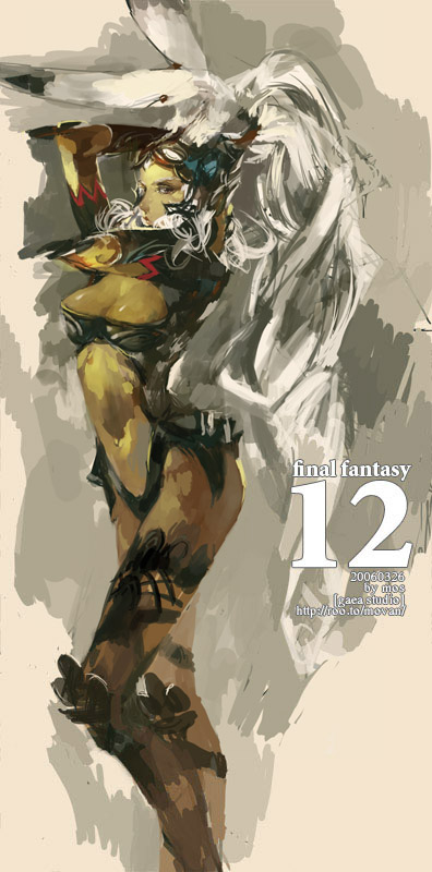 mos, fran (ff12), final fantasy, final fantasy xii, 00s, 1girl, animal ears, armor, breasts, cleavage, dark-skinned female, dark skin, female focus, navel, rabbit ears, revealing clothes, solo, thighhighs, viera, white hair