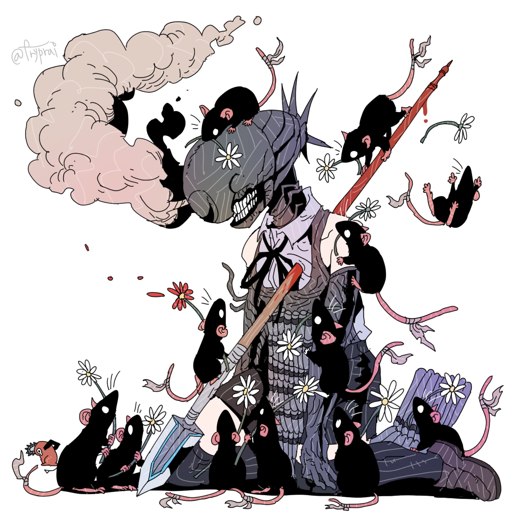 fryprai, bomb devil (chainsaw man), pochita (chainsaw man), chainsaw man, highres, bare shoulders, blood, bloody weapon, dynamite, explosive, flower, impaled, kneeling, mouse (animal), object head, polearm, red flower, simple background, smoke, solo focus, spear, twitter username, weapon, white background, white flower