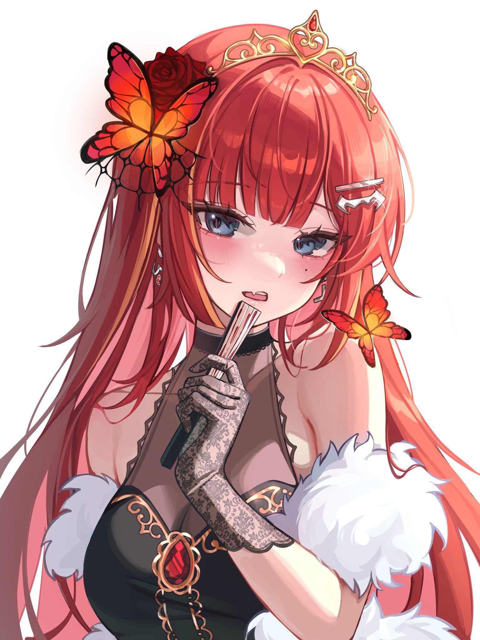 yulha 06, akane lize, stellive, highres, 1girl, bare shoulders, black dress, black gloves, breasts, bug, butterfly, butterfly hair ornament, cleavage, dress, fang, feather boa, flower, folding fan, gloves, grey eyes, hair flower, hair ornament, hand fan, holding, holding fan, insect, long hair, looking at viewer, mole, mole on cheek, mole under eye, open mouth, red butterfly, red flower, red hair, red rose, rose, simple background, solo, tiara, upper body, virtual youtuber, white background