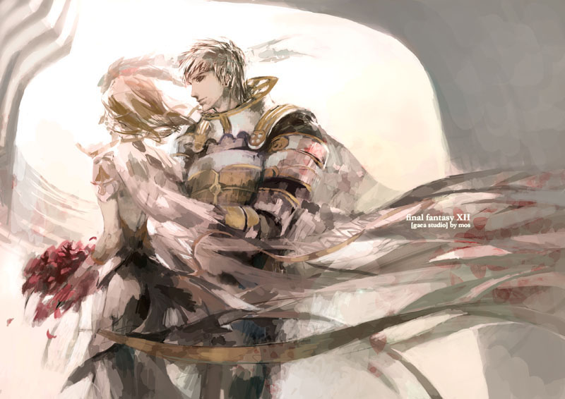 mos, ashelia b'nargin dalmasca, rasler heios nabradia, final fantasy, final fantasy xii, 00s, 1boy, 1girl, armor, bride, dress, flower, rose, wedding dress