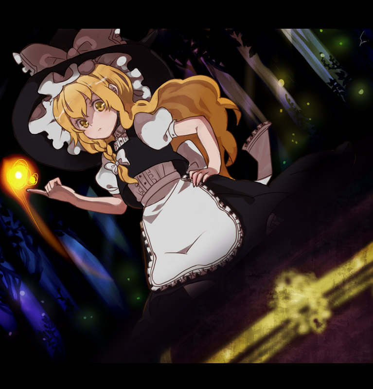 shirakino, kirisame marisa, touhou, bad id, bad pixiv id, 1girl, blonde hair, female focus, forest, hat, long hair, nature, outdoors, plant, ribbon, skirt, solo
