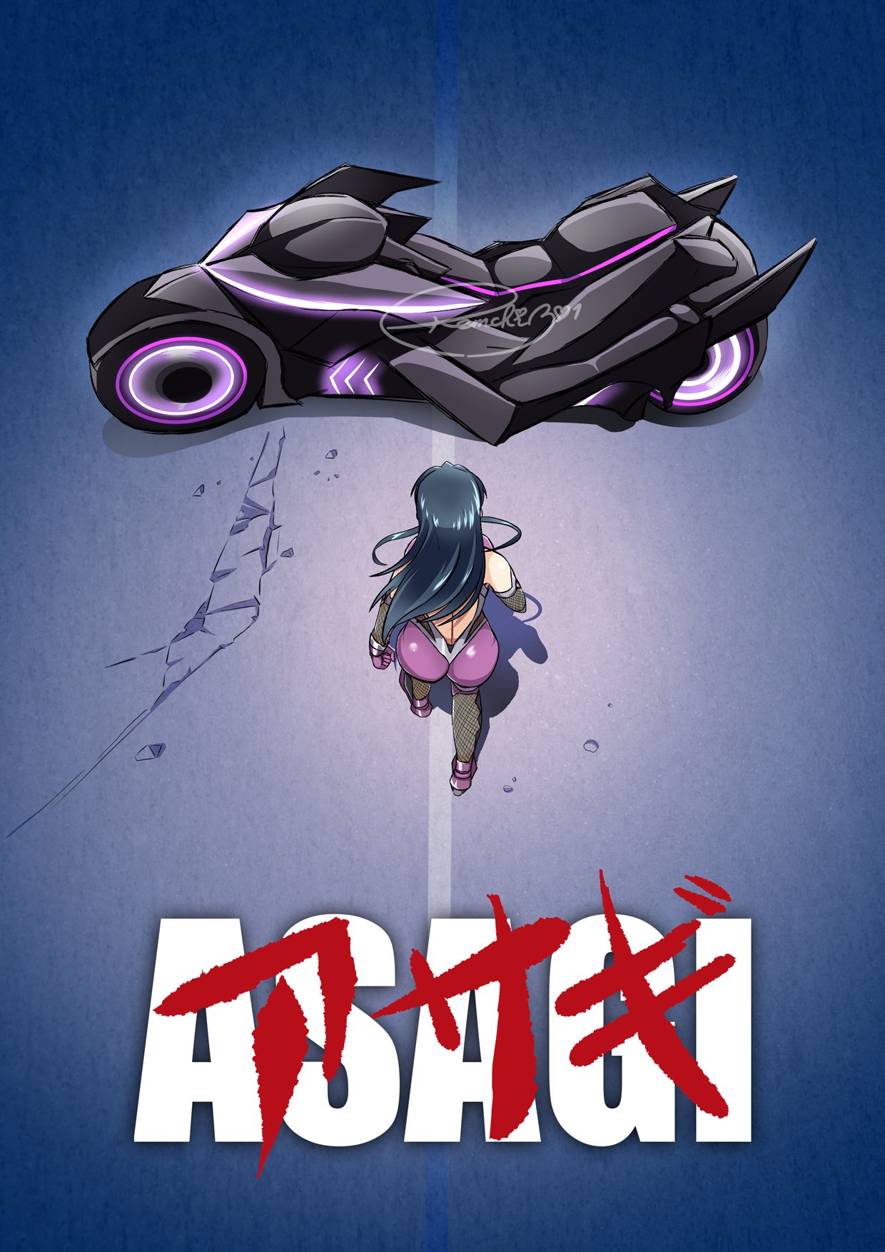 remchi301, igawa asagi, akira (manga), taimanin (series), taimanin asagi, 1girl, ass, long hair, motor vehicle, motorcycle, parody
