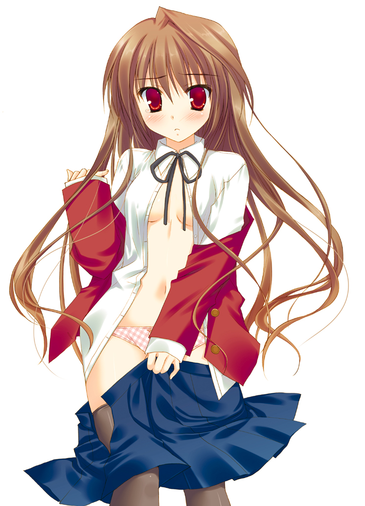 sesena yau, aisaka taiga, toradora!, 00s, 1girl, blush, brown hair, female focus, lingerie, long hair, open clothes, open shirt, panties, ribbon, school uniform, shirt, skirt, socks, solo, tears, thighhighs, underwear, undressing