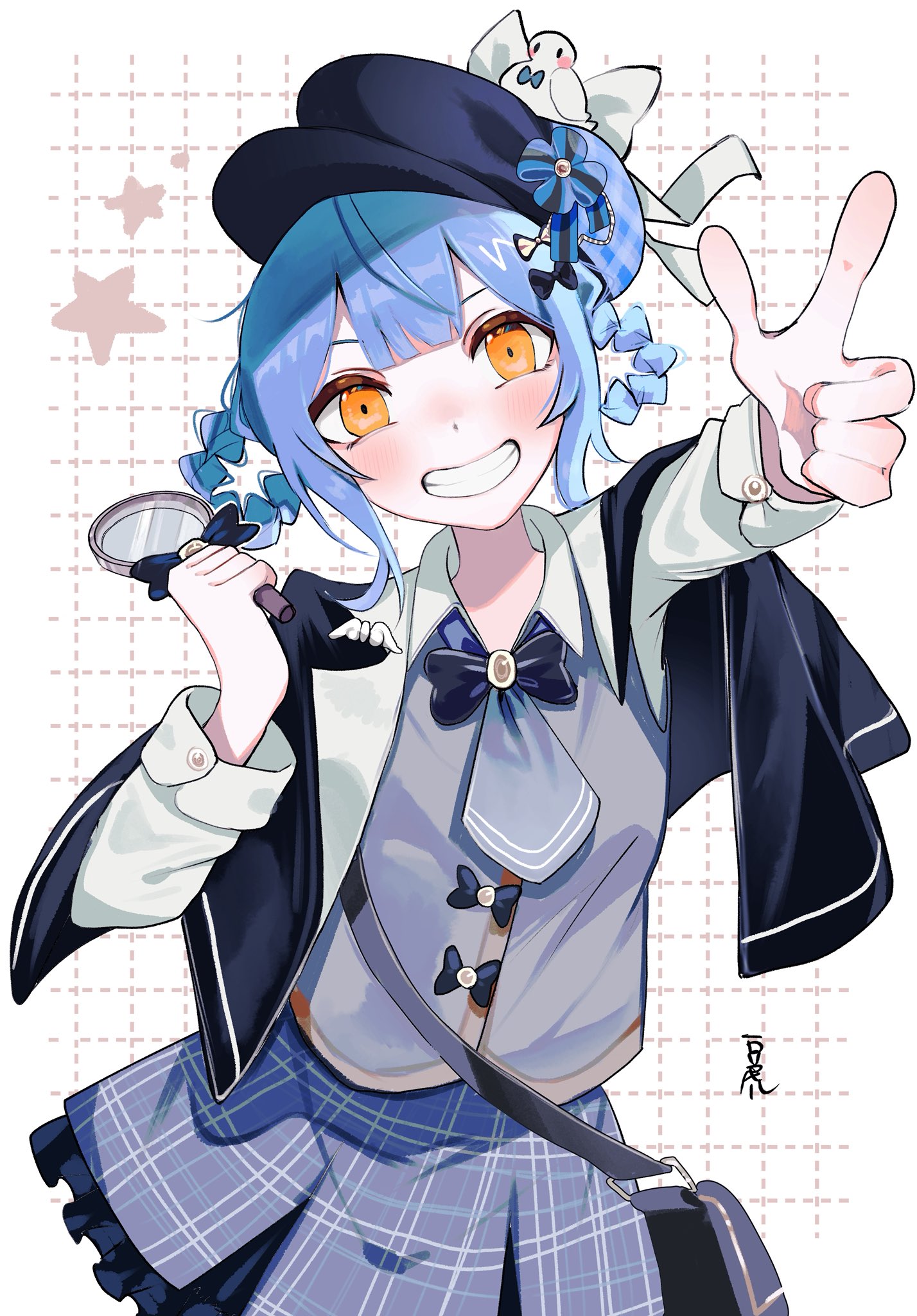 tachibana sherry, mahou shoujo no majo saiban, highres, 1girl, blue bow, blue hair, blue skirt, blush, bow, braid, braided hair rings, capelet, grey vest, grid background, grin, hair rings, hat, holding, holding magnifying glass, jacket, jupter mon, long sleeves, looking at viewer, magnifying glass, orange eyes, plaid clothes, plaid skirt, pointing, shirt, skirt, smile, solo, star (symbol), vest, virtual youtuber, white shirt, yellow eyes