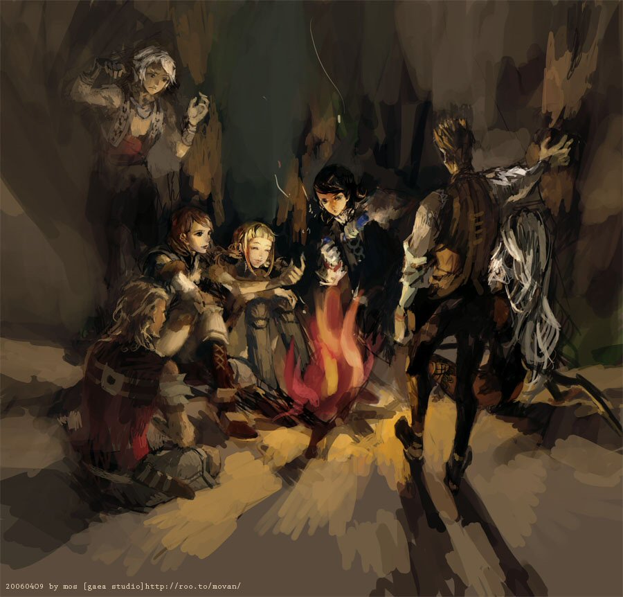 mos, ashelia b'nargin dalmasca, balflear, basch fon ronsenburg, fran (ff12), larsa ferrinas solidor, penelo, vaan (ff12), final fantasy, final fantasy xii, ivalice alliance, 00s, 3girls, 4boys, black hair, blonde hair, brown hair, campfire, everyone, fire, long hair, multiple boys, multiple girls, short hair, short twintails, sitting, smile, standing, twintails, vest, viera, white hair