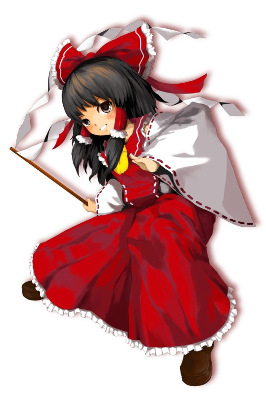 laboto, hakurei reimu, touhou, 1girl, black hair, blush, female focus, frills, gohei, hair tubes, holding, long skirt, long sleeves, looking at viewer, red skirt, ribbon-trimmed sleeves, ribbon trim, sidelocks, simple background, skirt, solo, stick, white background