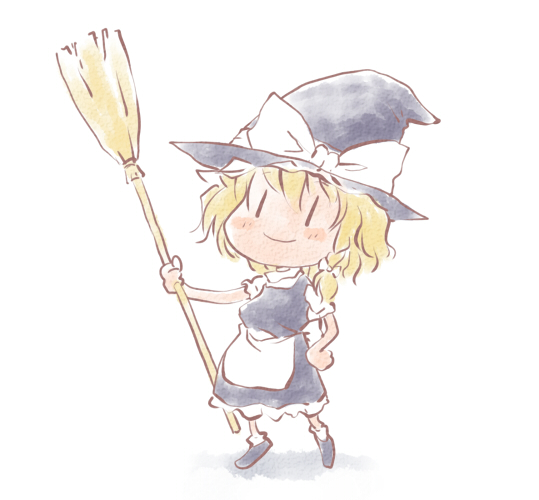 nekoguruma, kirisame marisa, touhou, 1girl, broom, chibi, dress, female focus, full body, hand on own hip, hat, hip focus, smile, solo, white background, | |