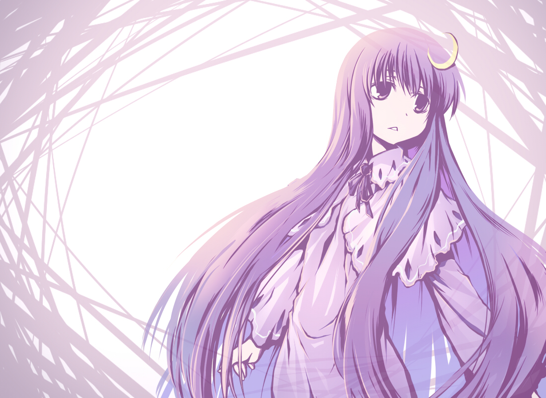 nekoguruma, patchouli knowledge, touhou, 1girl, crescent, crescent hair ornament, female focus, hair ornament, long hair, purple eyes, purple hair, solo, very long hair