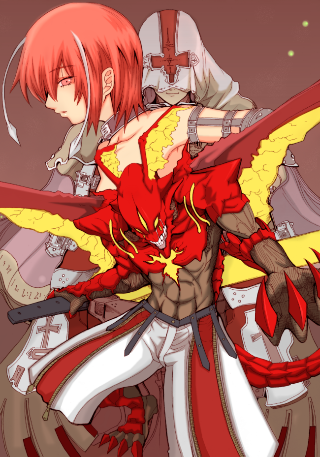 shiina you (tomoshibi), asuka r. kreutz, sol badguy, valentine (guilty gear), arc system works, guilty gear, guilty gear 2, 1girl, 2boys, antennae, dragon install, monster, multiple boys, red eyes, red hair, short hair, sword, weapon