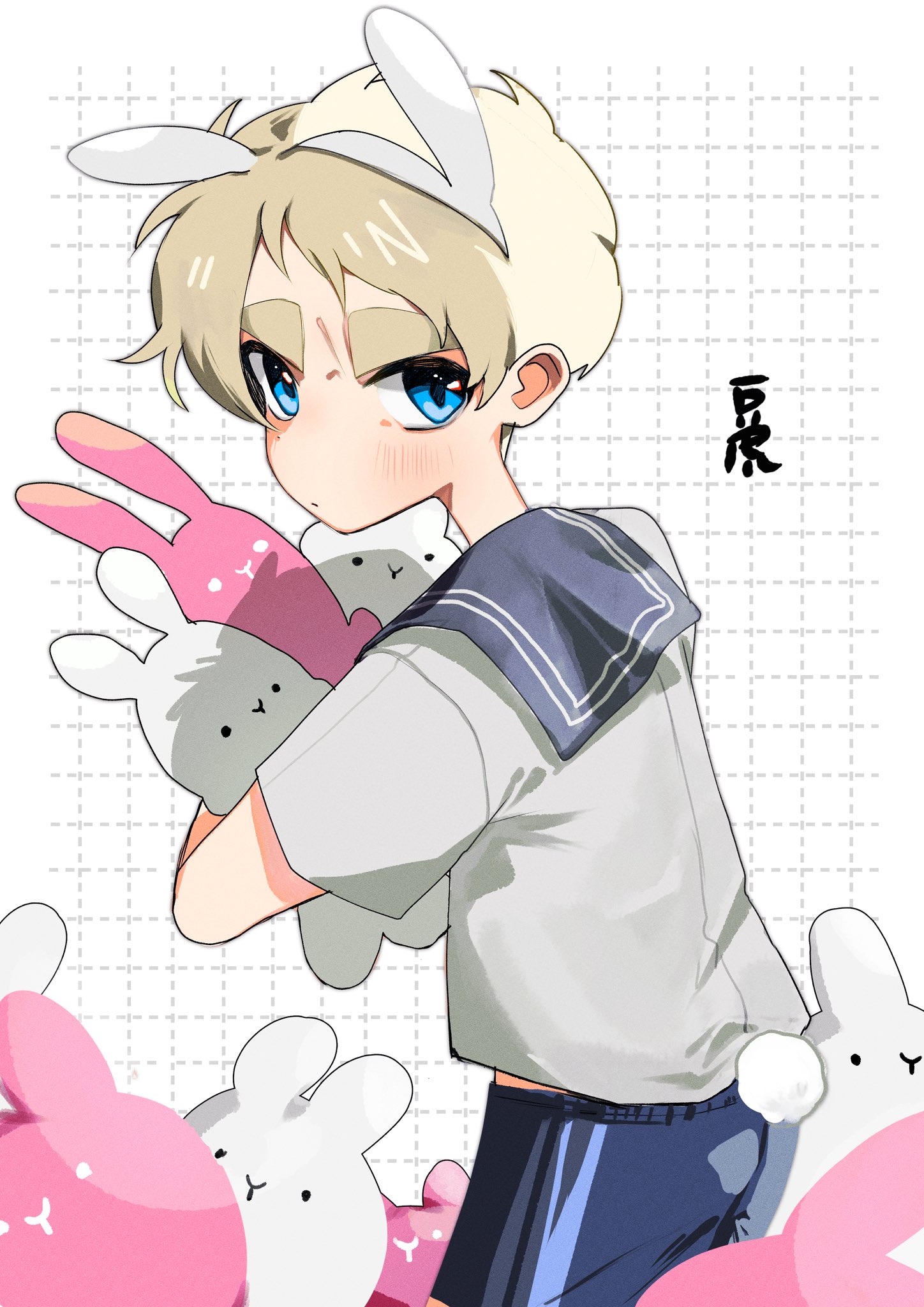 original, character request, highres, 1boy, animal ears, blonde hair, blue eyes, blush, fake animal ears, grid background, holding, holding stuffed toy, jupter mon, looking at viewer, looking back, male focus, rabbit ears, sailor collar, shirt, short hair, short sleeves, solo, stuffed animal, stuffed rabbit, stuffed toy, thick eyebrows, white background, white shirt