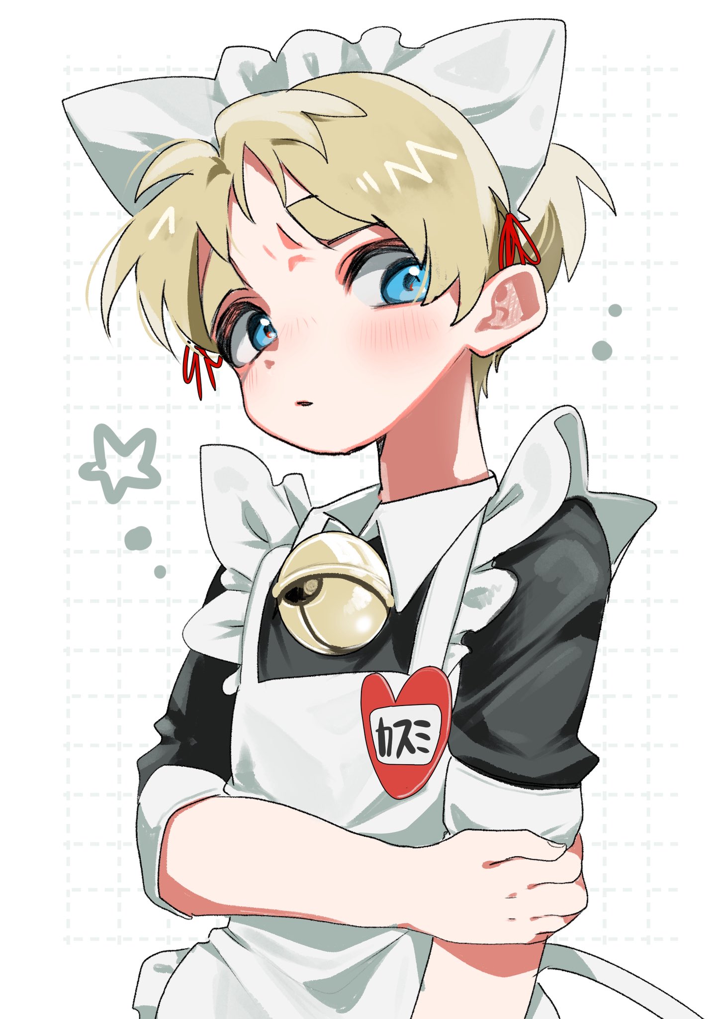 original, character request, highres, 1boy, alternate costume, animal ears, apron, bell, blonde hair, blue eyes, blush, cat boy, cat ears, crossdressing, enmaided, jingle bell, jupter mon, looking at viewer, maid, maid apron, maid headdress, male focus, name tag, neck bell, short hair, solo, star (symbol), thick eyebrows, upper body, white background