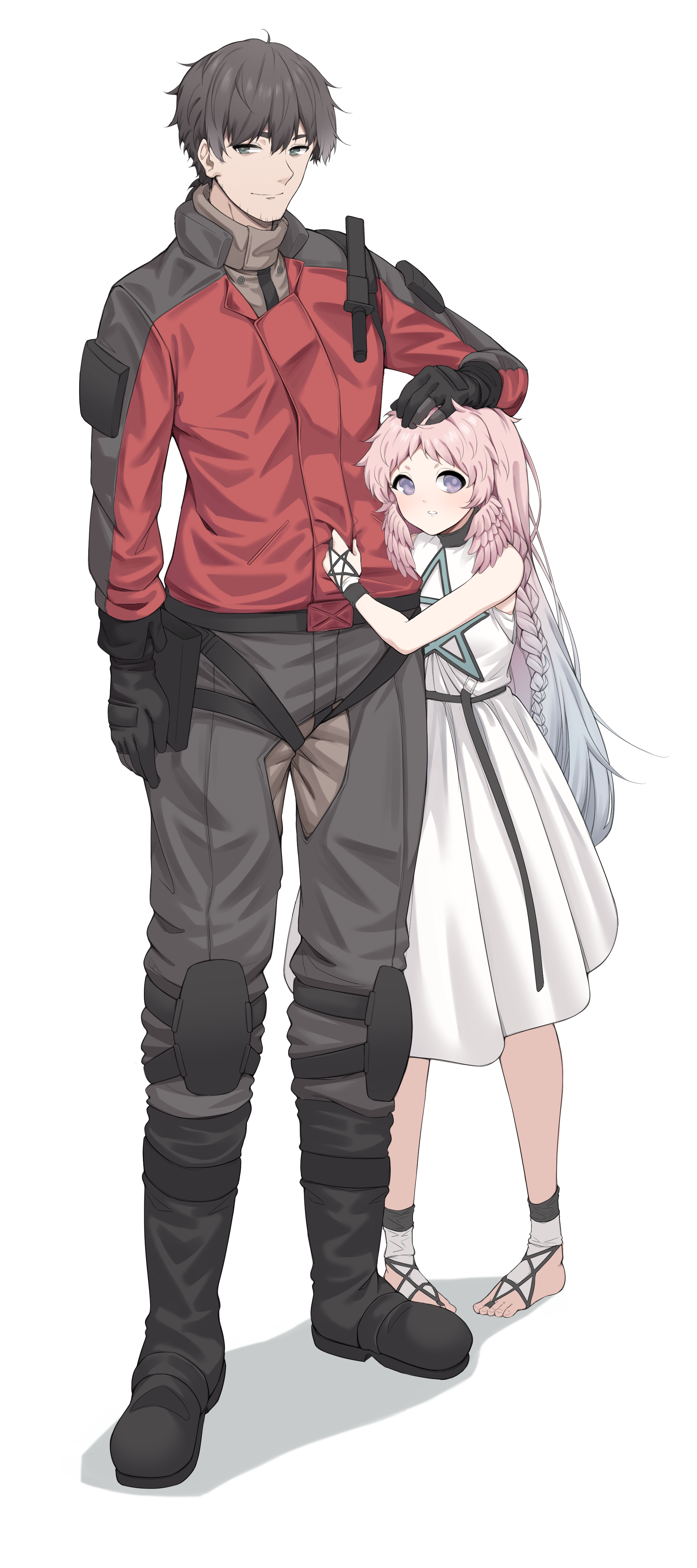 act (xadachit), commander (girls' frontline), helena (girls' frontline 2), girls' frontline, girls' frontline 2: exilium, absurdres, commentary, highres, 1boy, 1girl, black boots, black hair, boots, braid, dated commentary, dress, facial hair, father and daughter, gloves, headpat, hug, jacket, knee pads, looking at viewer, pink hair, red jacket, sandals, standing, stubble, white background, white dress