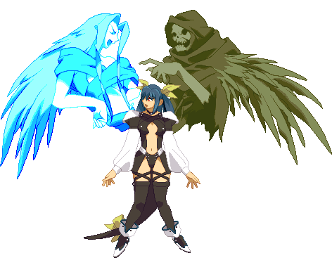 dizzy (guilty gear), necro (guilty gear), undine (guilty gear), arc system works, guilty gear, guilty gear x, guilty gear xx, animated, animated gif, lowres, 1girl, :p, akanbe, angry, asymmetrical wings, blue hair, clenched hand, eyelid pull, long hair, pointing, red eyes, ribbon, skull, tail, tail ornament, tail ribbon, thighhighs, tongue, tongue out, transparent background, wings