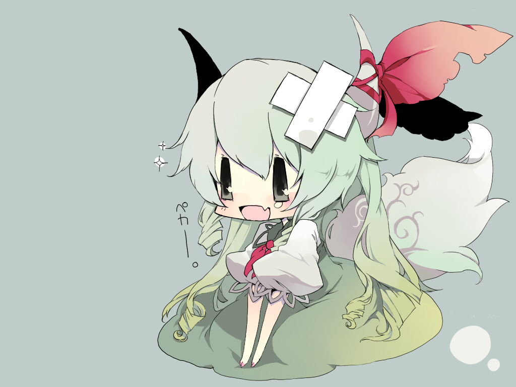 k (li), ex-keine, kamishirasawa keine, touhou, bad id, bad pixiv id, 1girl, bandaid, blush, chibi, crossed bandaids, dress, fang, female focus, green hair, horn ornament, horn ribbon, horns, long hair, open mouth, puffy short sleeves, puffy sleeves, ribbon, short sleeves, simple background, skin fang, solo, sparkle, tail, tears