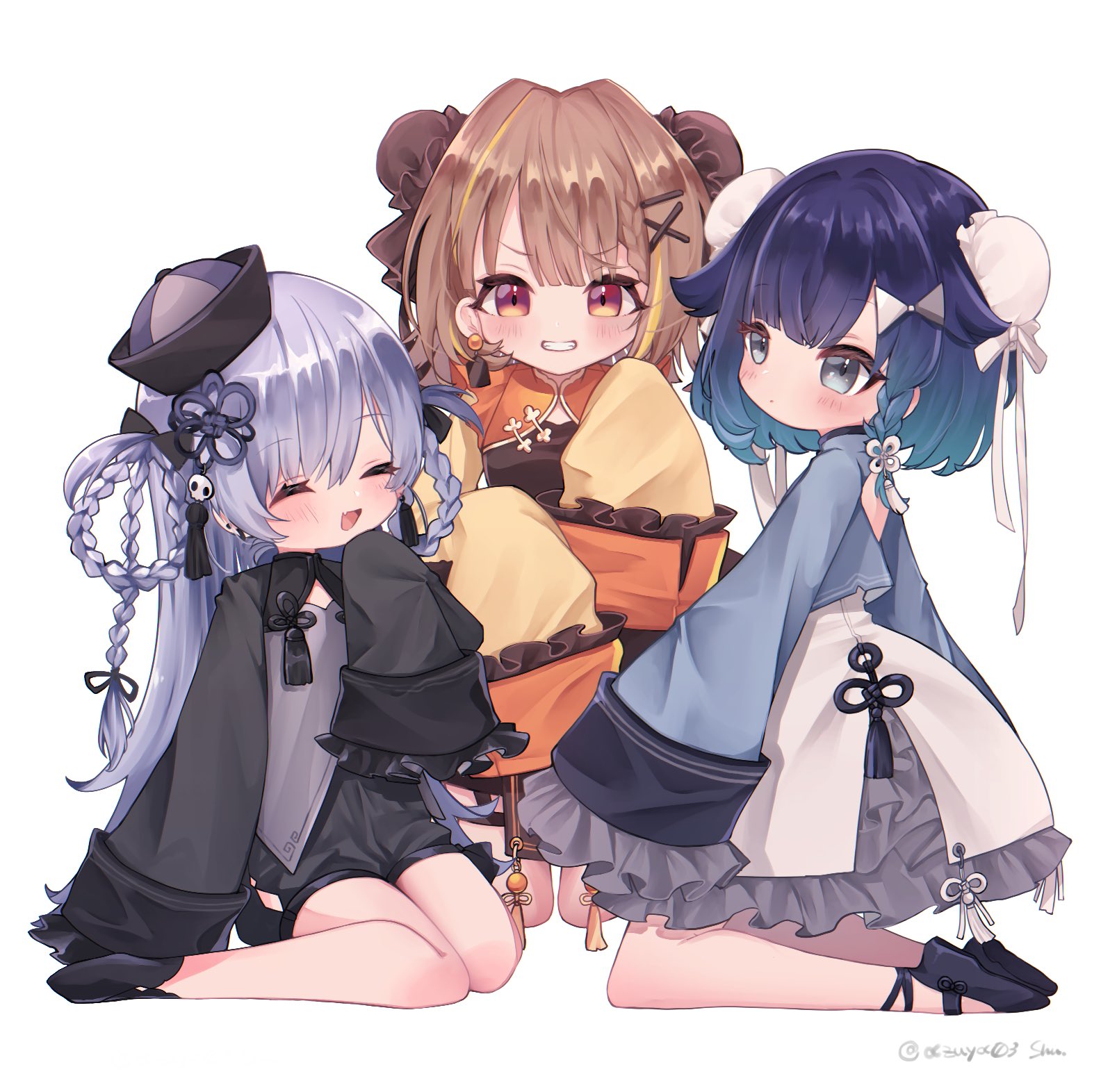 rosso0303, sendo yuuhi, tsumugi kokage, yano kuromu, vspo!, highres, 3girls, alternate costume, black shorts, blue eyes, blue hair, blue jacket, bow, braid, braided hair rings, brown eyes, brown hair, bun cover, chinese clothes, cropped jacket, double bun, dress, earrings, frilled sleeves, frills, gradient hair, hair bow, hair bun, hair ornament, hair rings, hairclip, hat, jacket, jewelry, kneeling, lolita fashion, long hair, mandarin collar, multicolored hair, multiple girls, qi lolita, short hair, short shorts, shorts, side braid, simple background, sitting, sleeves past fingers, sleeves past wrists, smile, streaked hair, tassel, tassel hair ornament, virtual youtuber, white background, white dress, x hair ornament