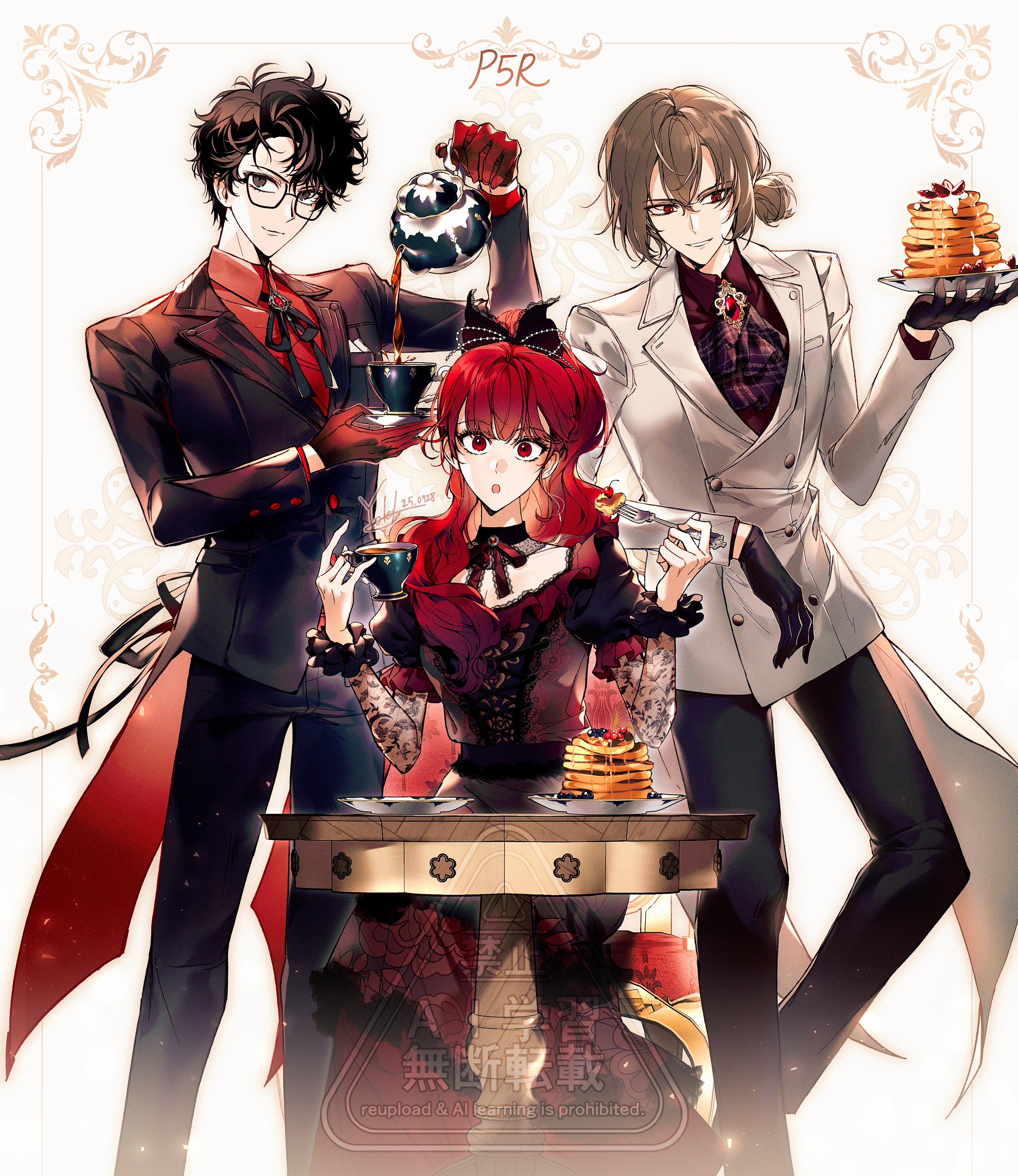 yoteh, akechi gorou, amamiya ren, yoshizawa kasumi, persona, persona 5, persona 5 the royal, absurdres, commentary, english commentary, highres, 1girl, 2boys, :o, n/, alternate costume, back ribbon, black-framed eyewear, black bow, black collar, black eyes, black gloves, black hair, black jacket, black pants, black ribbon, bow, brown hair, butler, buttons, coattails, collar, copyright name, cross-laced clothes, cross-laced dress, cup, dated, detached collar, double-breasted, dress, feet out of frame, food, fork, frilled dress, frills, gem, glasses, gloves, gown, grin, hair between eyes, hair bow, hair bun, hand up, holding, holding cup, holding food, holding fork, holding plate, holding teapot, jacket, lace, lace-trimmed dress, lace-trimmed ribbon, lace sleeves, lace trim, lapels, long hair, long sleeves, looking at viewer, looking to the side, messy hair, multiple boys, pancake, pancake stack, pants, plate, ponytail, pouring, red dress, red eyes, red gemstone, red gloves, red hair, red pupils, red ribbon, red shirt, ribbon, shirt, short hair, short sleeves, signature, sitting, smile, standing, table, tea, teapot, white background, white jacket