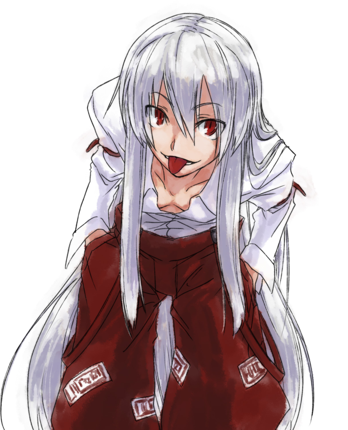 y/n, fujiwara no mokou, touhou, highres, 1girl, :p, blouse, cowboy shot, female focus, hair between eyes, hair ornament, hands in pockets, long hair, ofuda, ofuda on clothes, shirt, simple background, sketch, smile, solo, suspenders hanging, tongue, tongue out, unworn hair ornament, very long hair, white background, white shirt