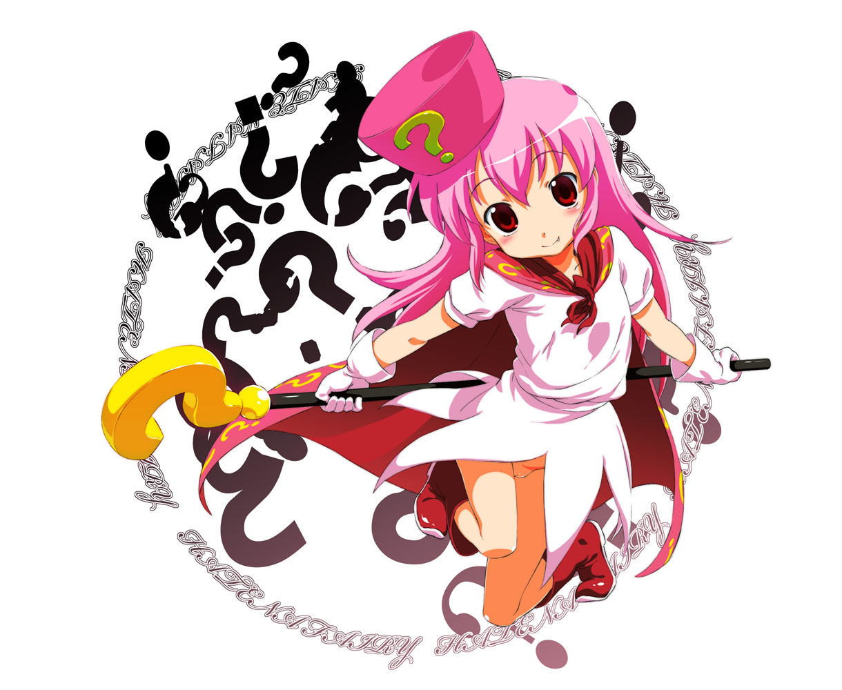 makinon tm, hatena yousei, benesse, 1girl, ?, boots, cape, fang, female focus, hat, long hair, no panties, pink hair, pink hat, red eyes, smile, solo, staff