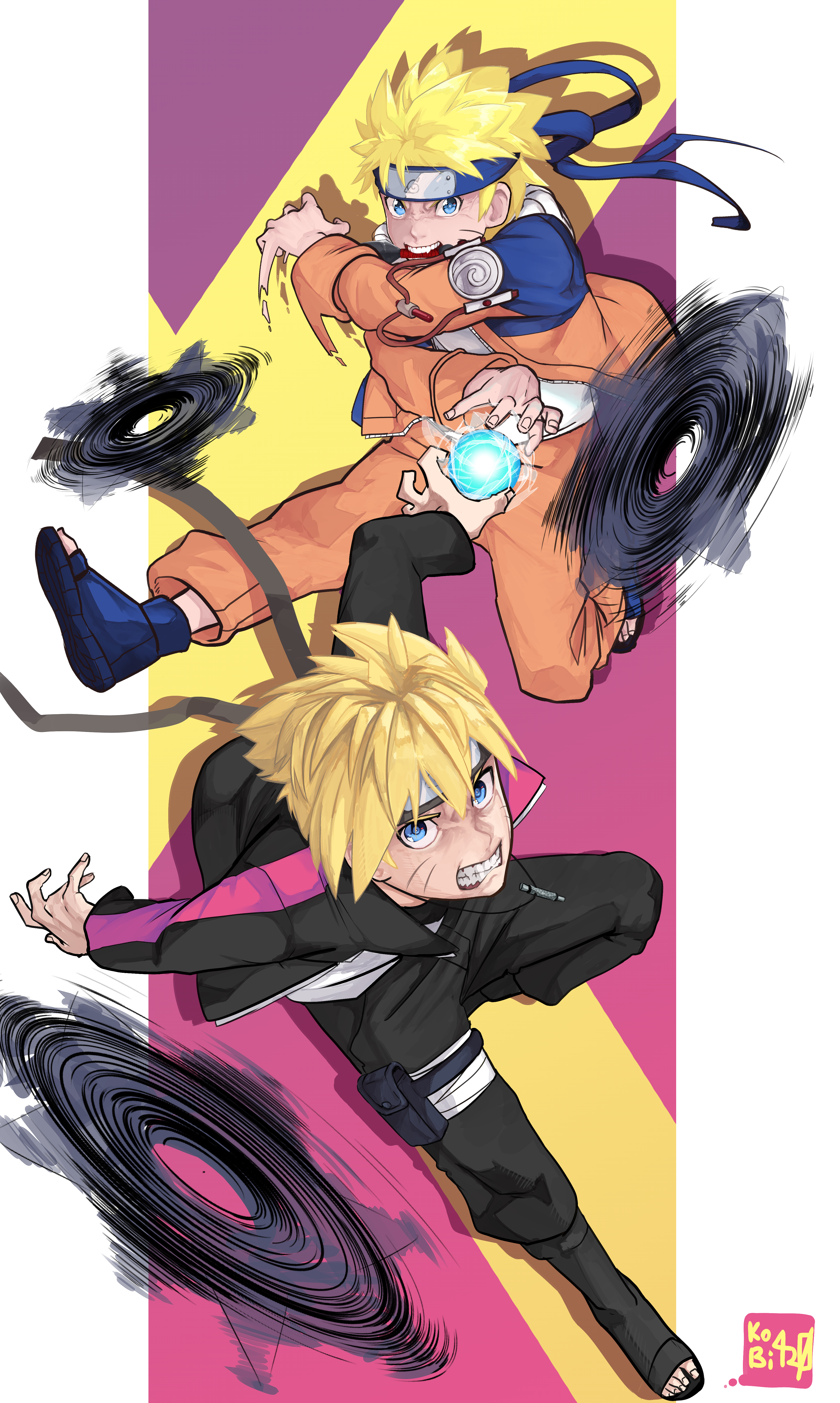 kobi420, uzumaki boruto, uzumaki naruto, boruto: naruto next generations, naruto (classic), naruto (series), absurdres, commentary, english commentary, highres, 2boys, artist name, black jacket, black pants, black shoes, blonde hair, blue eyes, blue headband, blue shoes, border, clenched teeth, drop shadow, forehead protector, full body, gradient background, hair between eyes, headband, jacket, jewelry, konohagakure symbol, kunai, long hair, looking at viewer, male focus, multiple boys, necklace, nose, open-toe shoes, open clothes, open jacket, open mouth, orange jacket, orange pants, pants, purple background, rasengan, shirt, shoes, short hair, signature, spiked hair, teeth, weapon, white border, white shirt, yellow background