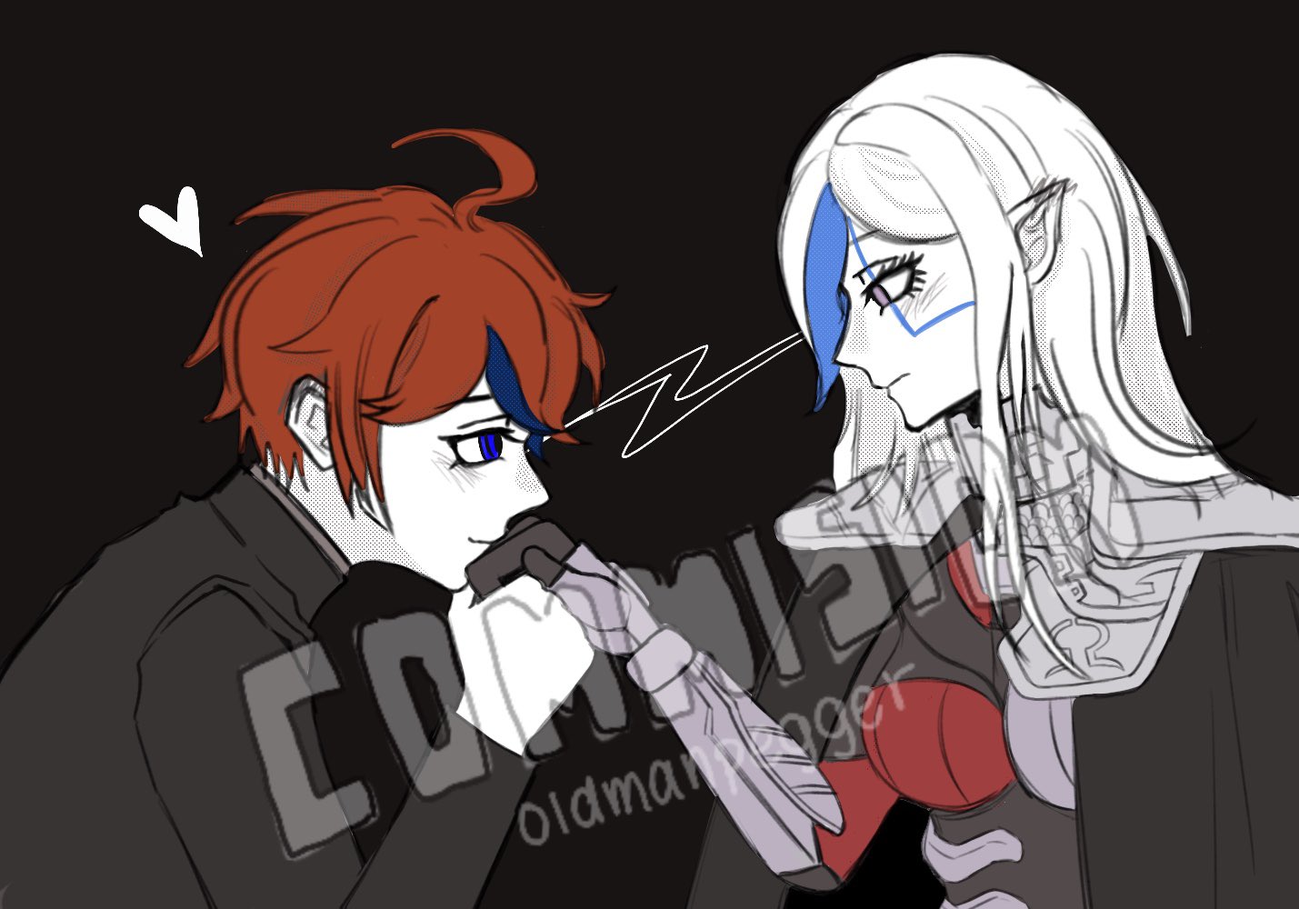 sumino takumi, v'ehxness, the hundred line -last defense academy-, 1boy, 1girl, armor, black background, blue eyes, blue hair, blush, bodysuit, cape, facial mark, holding hands, kiss, kissing hand, light smile, long hair, multicolored hair, oldmanpegger, purple eyes, red hair, school uniform, short hair, signature, watermark, white hair