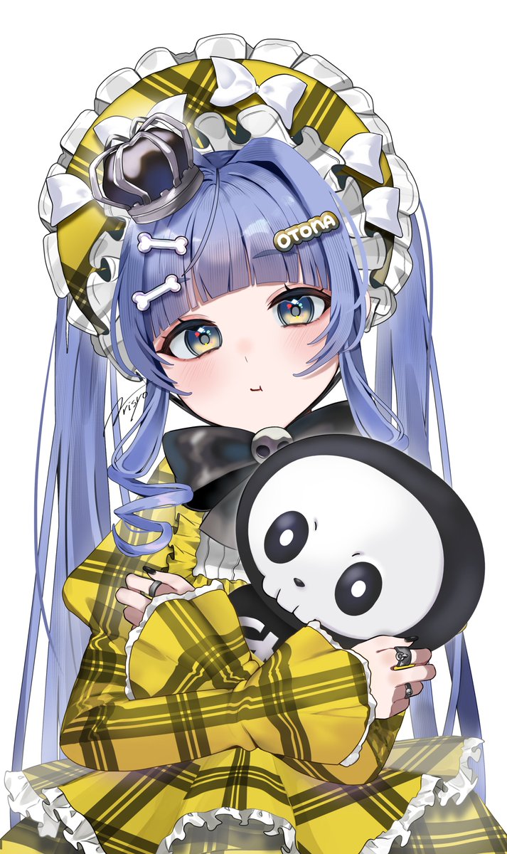 arisyooon, yano kuromu, vspo!, hashtag-only commentary, highres, 1girl, aqua eyes, black bow, black bowtie, blue hair, blunt bangs, bone hair ornament, bonnet, bow, bowtie, closed mouth, crown, dress, frilled bonnet, frilled dress, frills, gold dress, hair ornament, hairclip, head tilt, holding, holding stuffed toy, jewelry, juliet sleeves, lolita fashion, long hair, long sleeves, looking at viewer, mini crown, nail polish, official alternate costume, puffy sleeves, ring, sidelocks, simple background, solo, stuffed toy, twintails, upper body, virtual youtuber, white background, yano kuromu (3rd costume)
