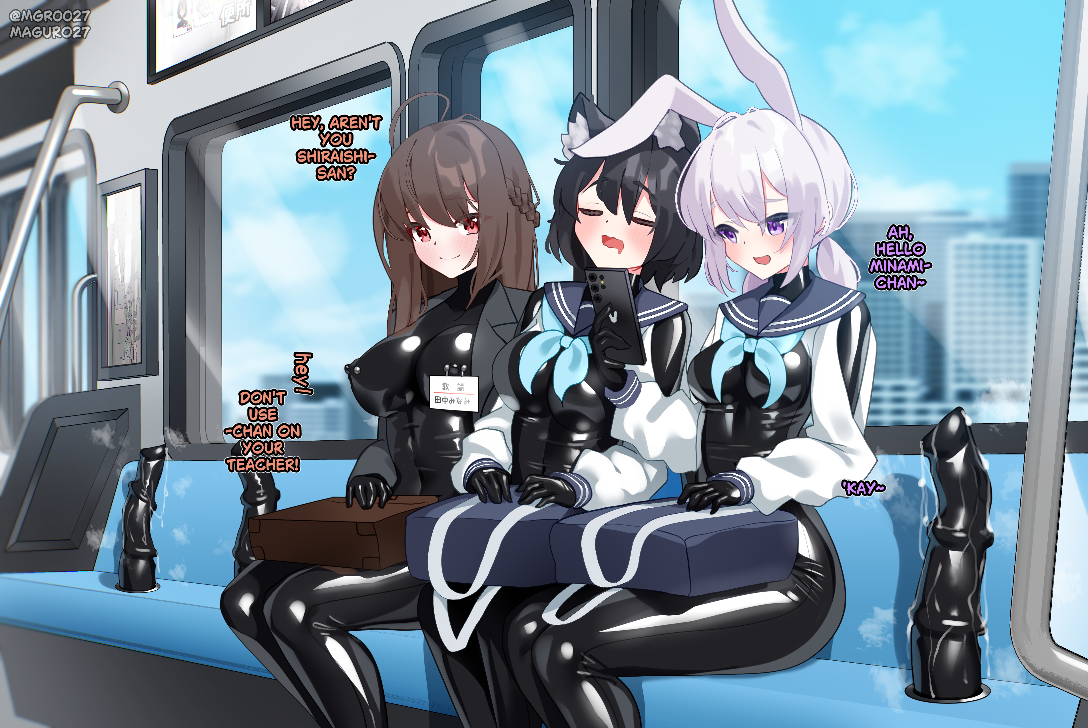 maguro27, original, absurdres, highres, 3girls, ahoge, animal ear fluff, animal ears, badge, bag, black hair, blue neckerchief, blush, bodysuit, breasts, brown hair, change in common sense, dildo, dildo riding, grey hair, impossible bodysuit, impossible clothes, latex, latex bodysuit, long hair, medium breasts, medium hair, multiple girls, neckerchief, nipple piercing, open mouth, phone, piercing, purple eyes, red eyes, sailor collar, sex toy, shrug (clothing), sitting, skin tight, train