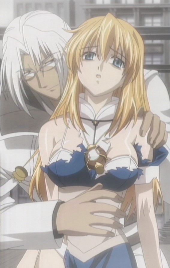 aion (chrono crusade), rosette christopher, chrno crusade, screencap, blonde hair, blue eyes, breasts, glasses, large breasts, long hair, nun, torn clothes