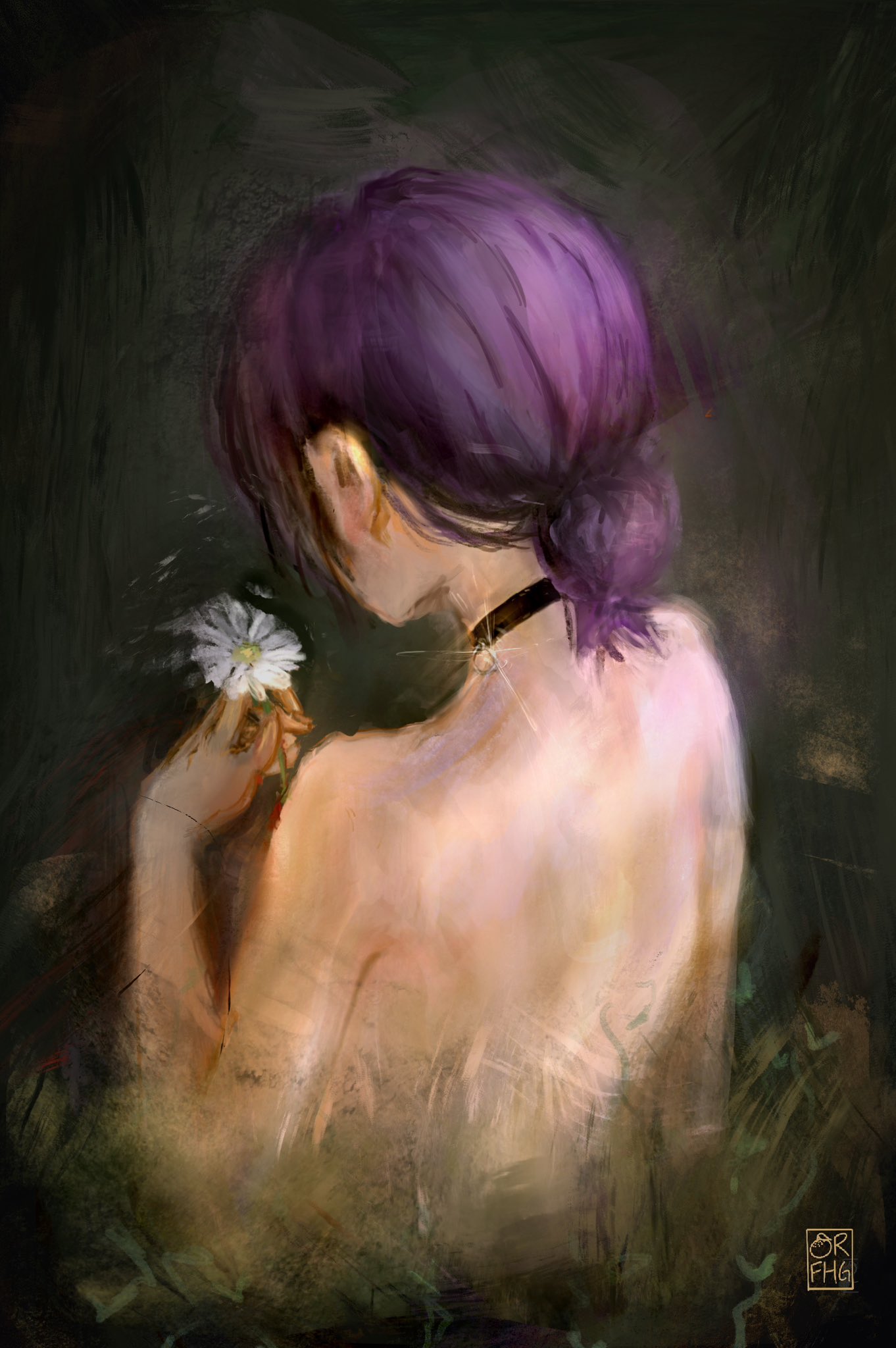 reze (chainsaw man), chainsaw man, highres, 1girl, back, bare back, bare shoulders, black choker, choker, cropped torso, flower, holding, holding flower, looking at flowers, orange orfhange, ponytail, purple hair, short ponytail, shoulder blades, sidelocks, solo, upper body, watermark, white flower