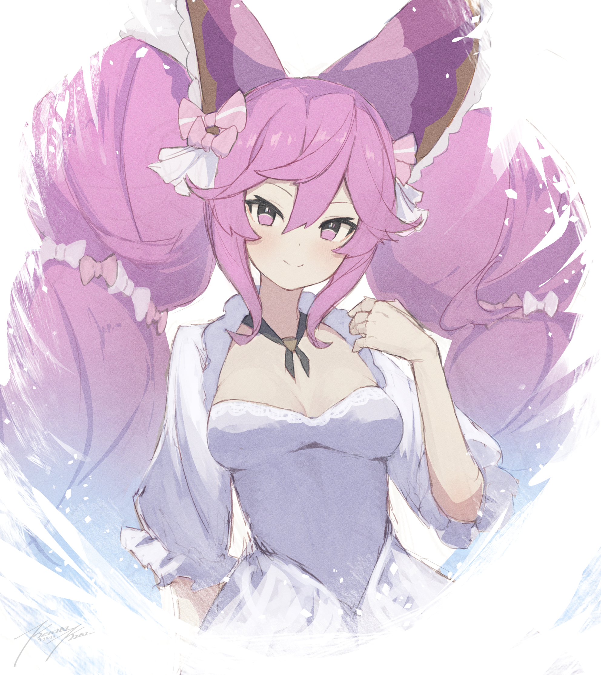 punished pigeon, cleo (dragalia lost), dragalia lost, commentary, english commentary, highres, 1girl, big hair, blue hair, bow, closed mouth, dated, dress, gradient hair, hair between eyes, hair bow, long hair, looking at viewer, multicolored hair, pink bow, pink eyes, pink hair, signature, smile, solo, twintails, very long hair, white background, white dress