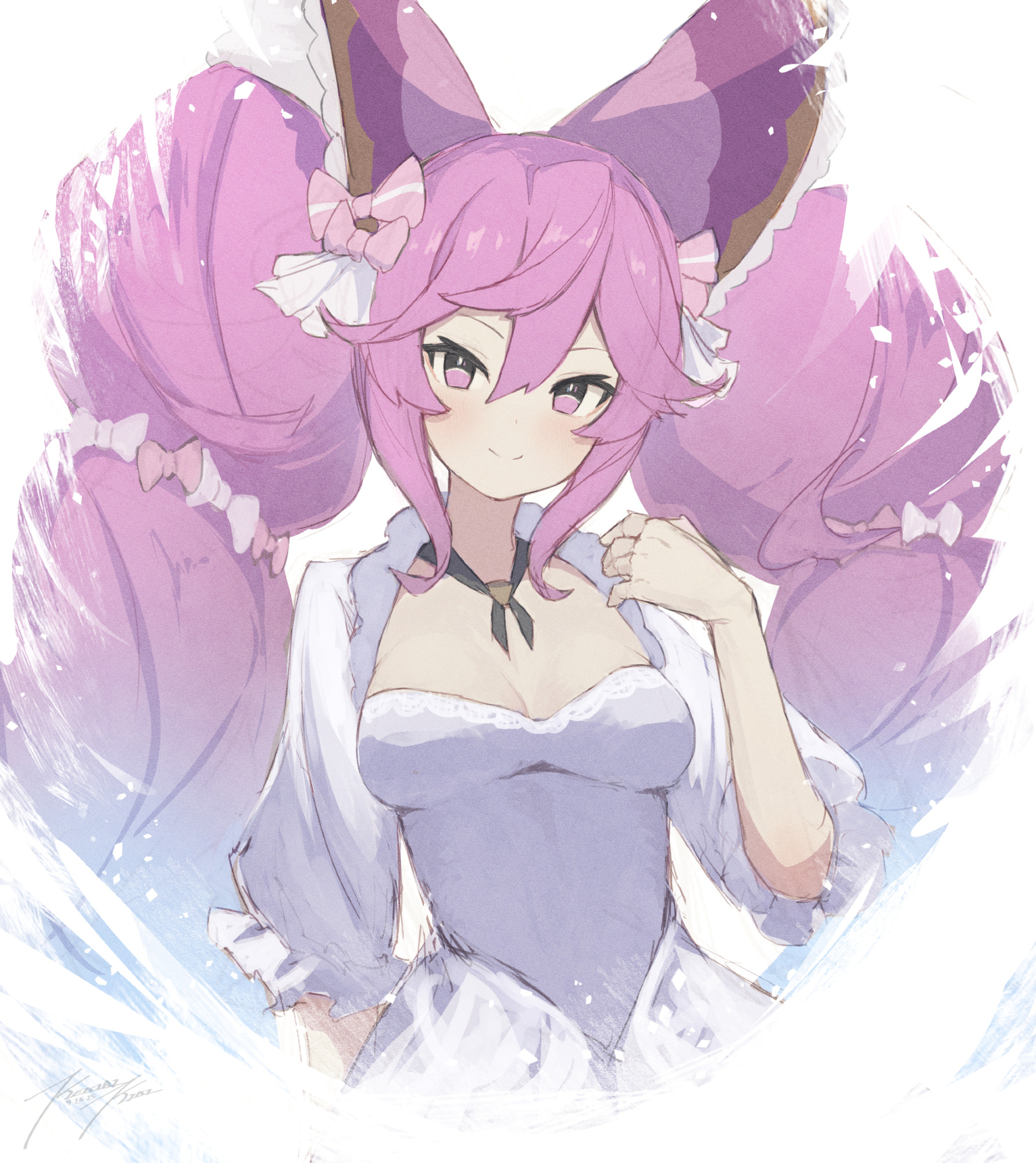 punished pigeon, cleo (dragalia lost), dragalia lost, commentary, english commentary, highres, 1girl, big hair, blue hair, bow, closed mouth, dated, dress, gradient hair, hair between eyes, hair bow, long hair, looking at viewer, multicolored hair, pink bow, pink eyes, pink hair, signature, smile, solo, twintails, very long hair, white background, white dress