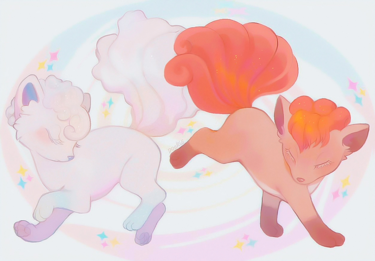 doekis, alolan vulpix, vulpix, nintendo, pokemon, commentary, symbol-only commentary, alolan form, animal focus, artist name, blush, closed eyes, closed mouth, fox, gen 1 pokemon, gen 7 pokemon, no humans, pokemon (creature), pokemon focus, star (symbol)