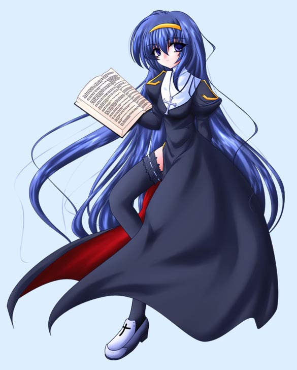 tagme, blue hair, nun, thighhighs