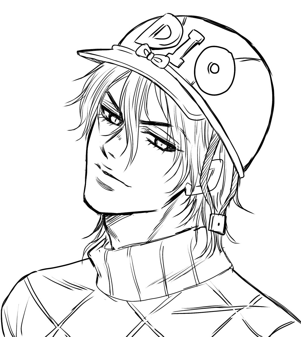kota111519, diego brando, jojo no kimyou na bouken, steel ball run, 1boy, argyle clothes, argyle sweater, bishounen, bow, closed mouth, earrings, greyscale, hair between eyes, hat, hat bow, head tilt, helmet, jewelry, looking at viewer, male focus, medium hair, monochrome, portrait, solo, sweater, turtleneck, turtleneck sweater, white background