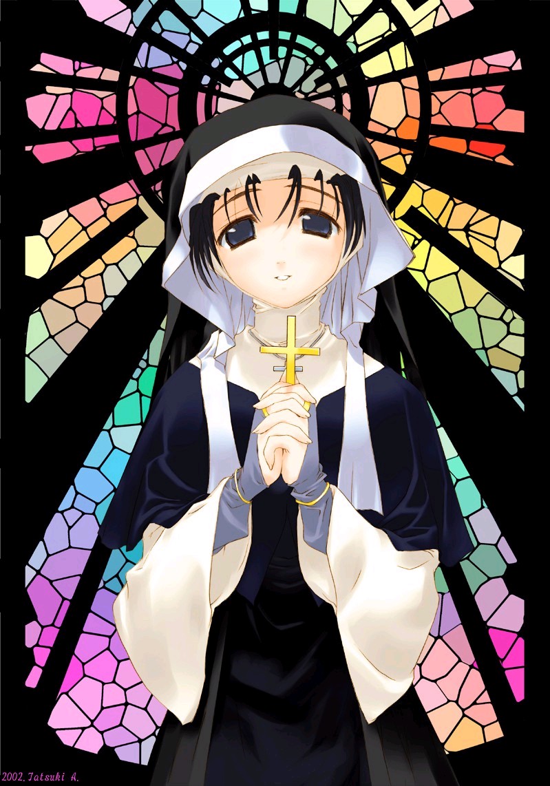 tagme, black hair, blue eyes, cross, nun