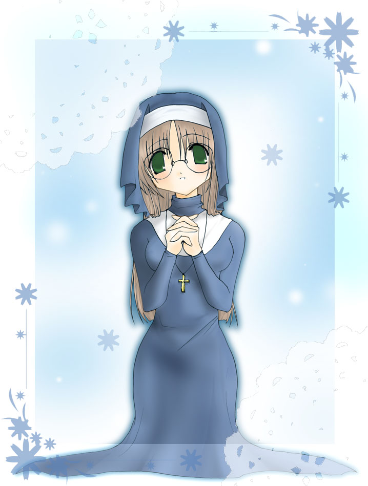 tagme, brown hair, cross, green eyes, nun