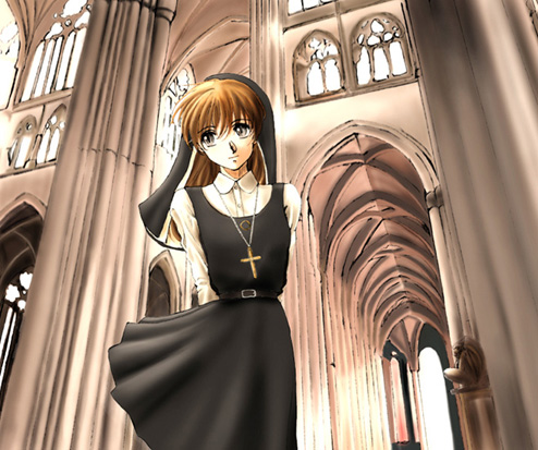 lowres, tagme, brown hair, cross, nun