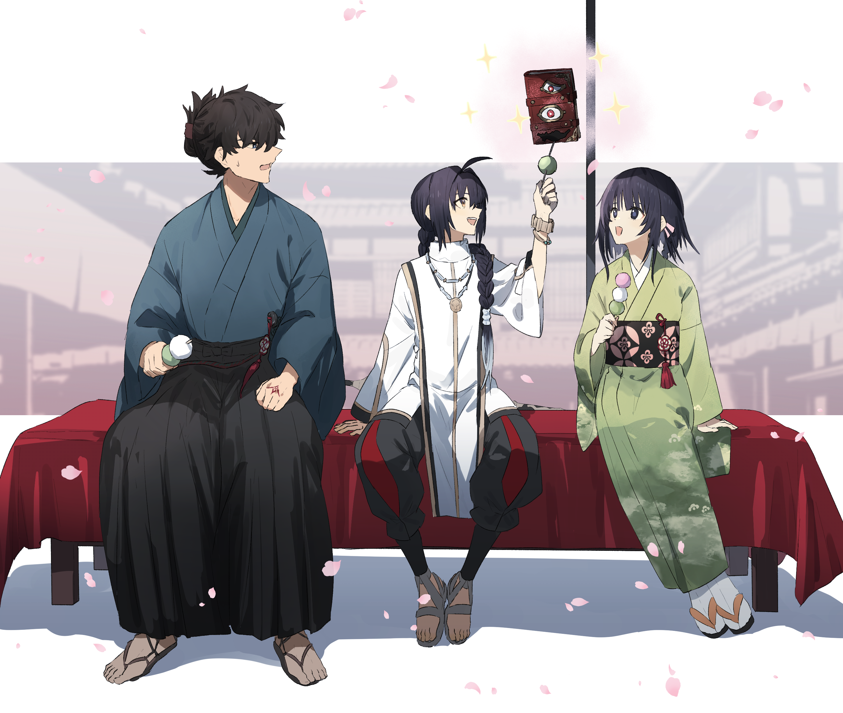 ninjin (ne f g o), miyamoto iori (fate), ogasawara kaya, yamato takeru (fate), fate/samurai remnant, fate (series), absurdres, commentary request, highres, 1boy, 1girl, 1other, ahoge, amulet, androgynous, black hair, black hakama, blue kimono, book, bracelet, braid, braided hair rings, braided ponytail, command spell, crimson codex (fate), dango, falling petals, food, green kimono, hair intakes, hair rings, hakama, japanese clothes, jewelry, katana, kimono, necklace, obi, petals, print kimono, sandals, sanshoku dango, sash, sidelocks, sitting, smile, sweat, sword, topknot, wagashi, waraji, weapon, zouri
