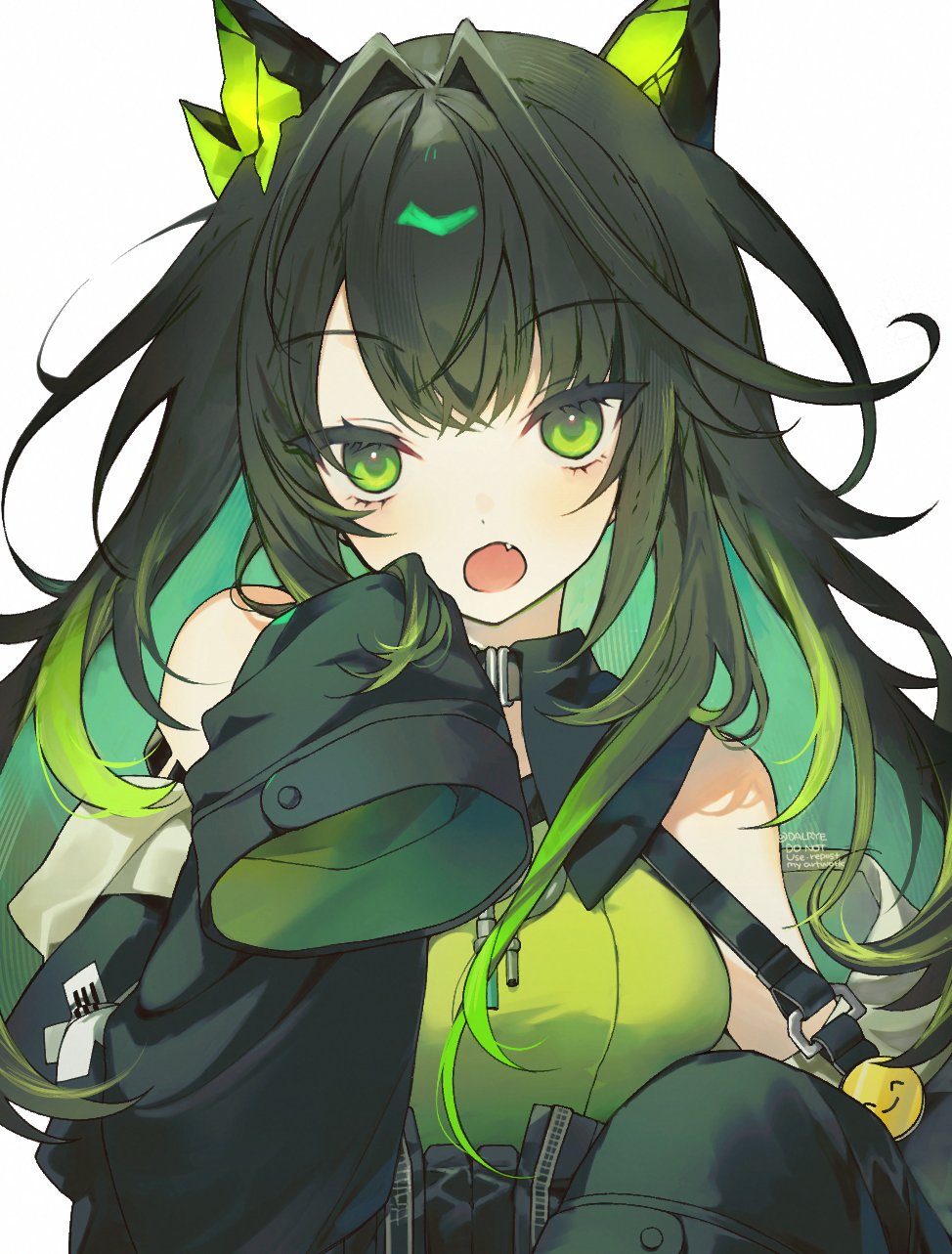 dalrye v3, mon3tr (arknights), arknights, commentary, highres, 1girl, ahoge, antenna hair, bare shoulders, black collar, black hair, black jacket, blush, breasts, collar, colored inner hair, crossed bangs, crystal horns, detached collar, dress, emoji, fang, gradient hair, green dress, green eyes, green hair, hand up, horns, huge ahoge, jacket, long hair, long sleeves, looking at viewer, material growth, medium breasts, multicolored hair, off shoulder, open mouth, oripathy lesion (arknights), sidelocks, simple background, sleeveless, sleeveless dress, sleeves past fingers, sleeves past wrists, solo, stethoscope, stethoscope around neck, twitter username, two-tone hair, upper body, watermark, white background