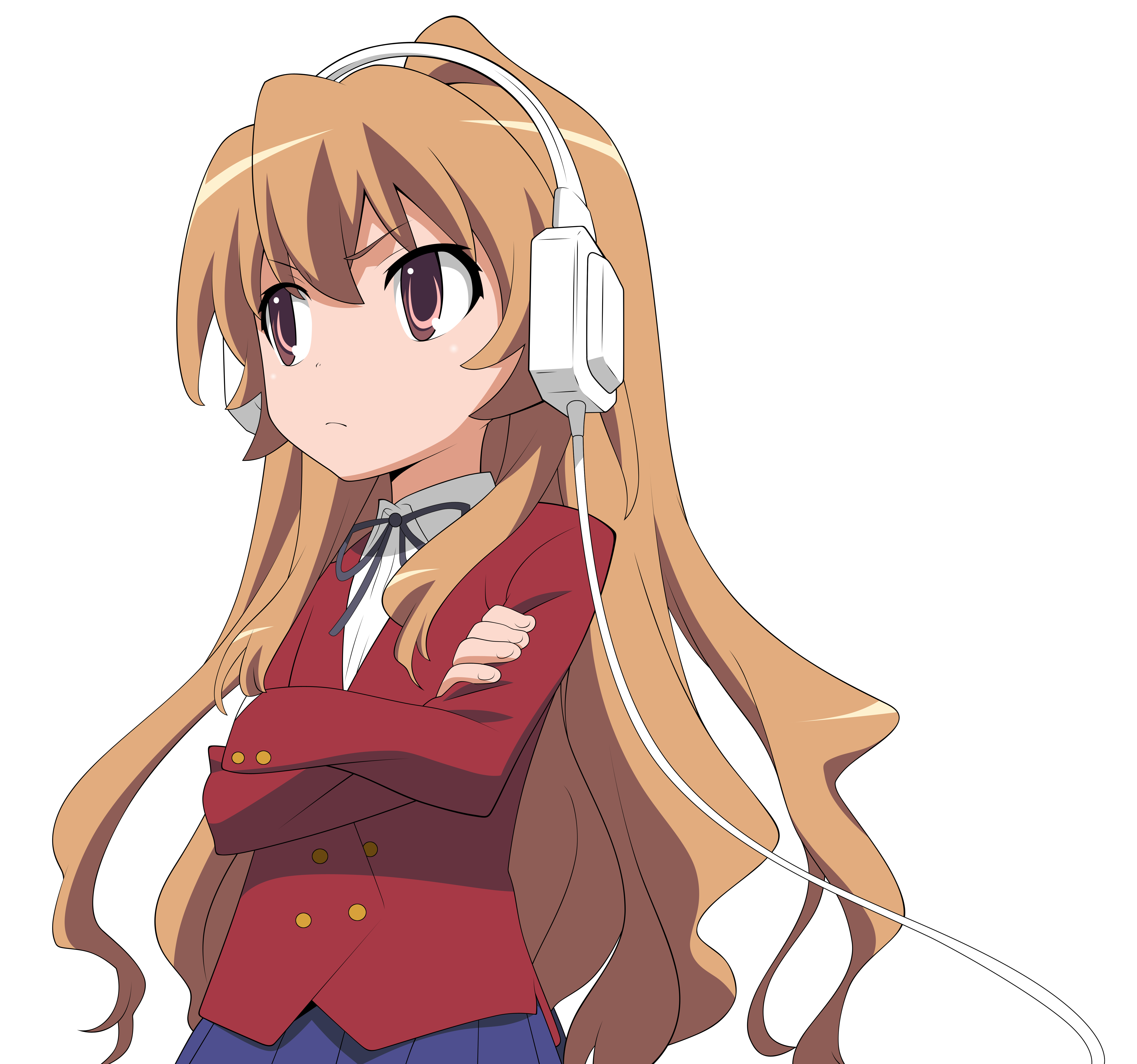 cutenotpedo, aisaka taiga, toradora!, absurdres, derivative work, highres, vector trace, 00s, 1girl, brown eyes, brown hair, crossed arms, female focus, headphones, long hair, school uniform, solo, transparent background, very long hair