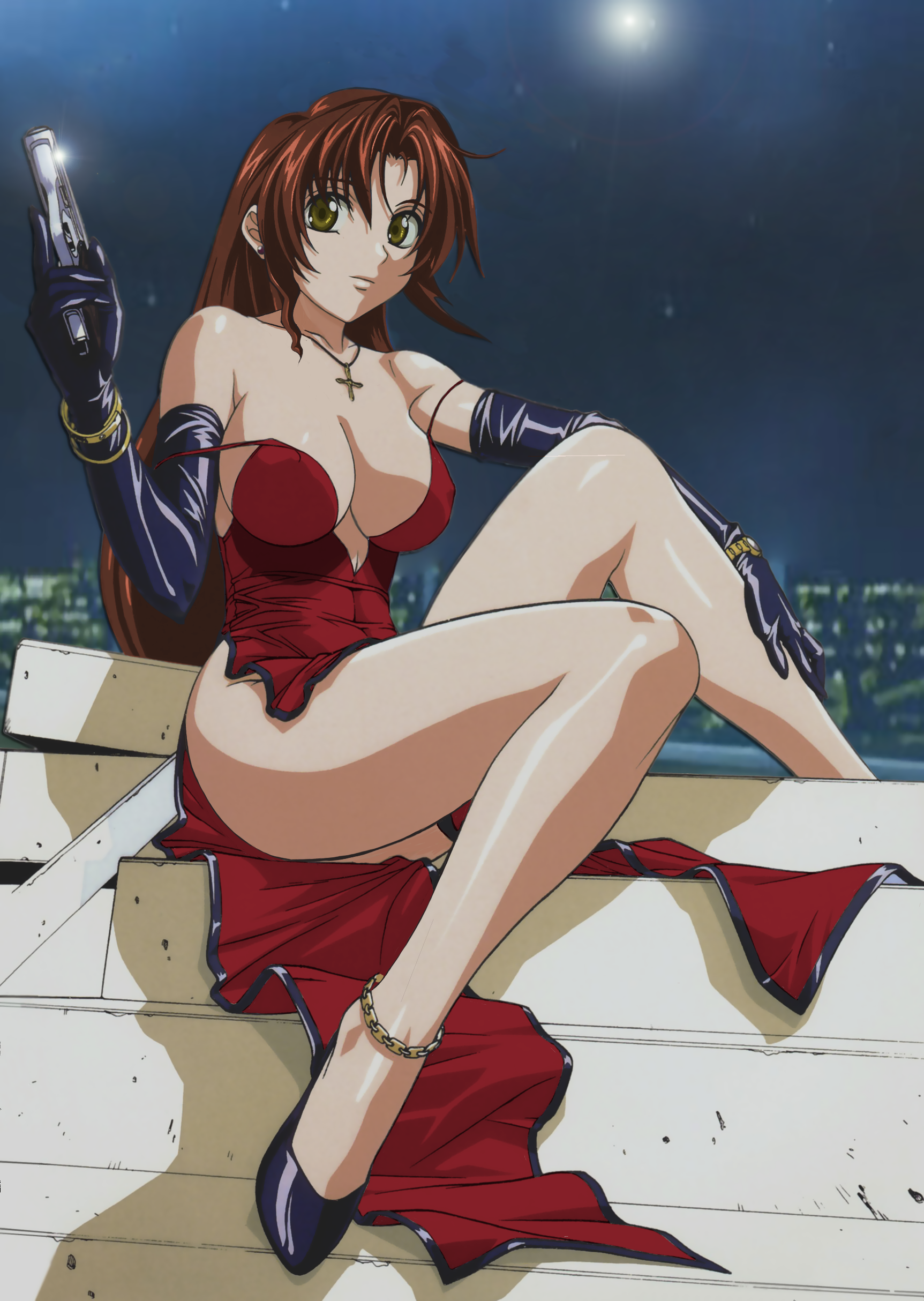 inoue takuya, eclair (kiddy grade), kiddy grade, absurdres, highres, non-web source, third-party edit, 00s, 1girl, breasts, brown hair, city, cleavage, cross, cross necklace, dress, elbow gloves, female focus, gloves, gun, jewelry, large breasts, legs, long hair, moon, necklace, night, solo, thighs, very long hair, watch, weapon, wristwatch, yellow eyes
