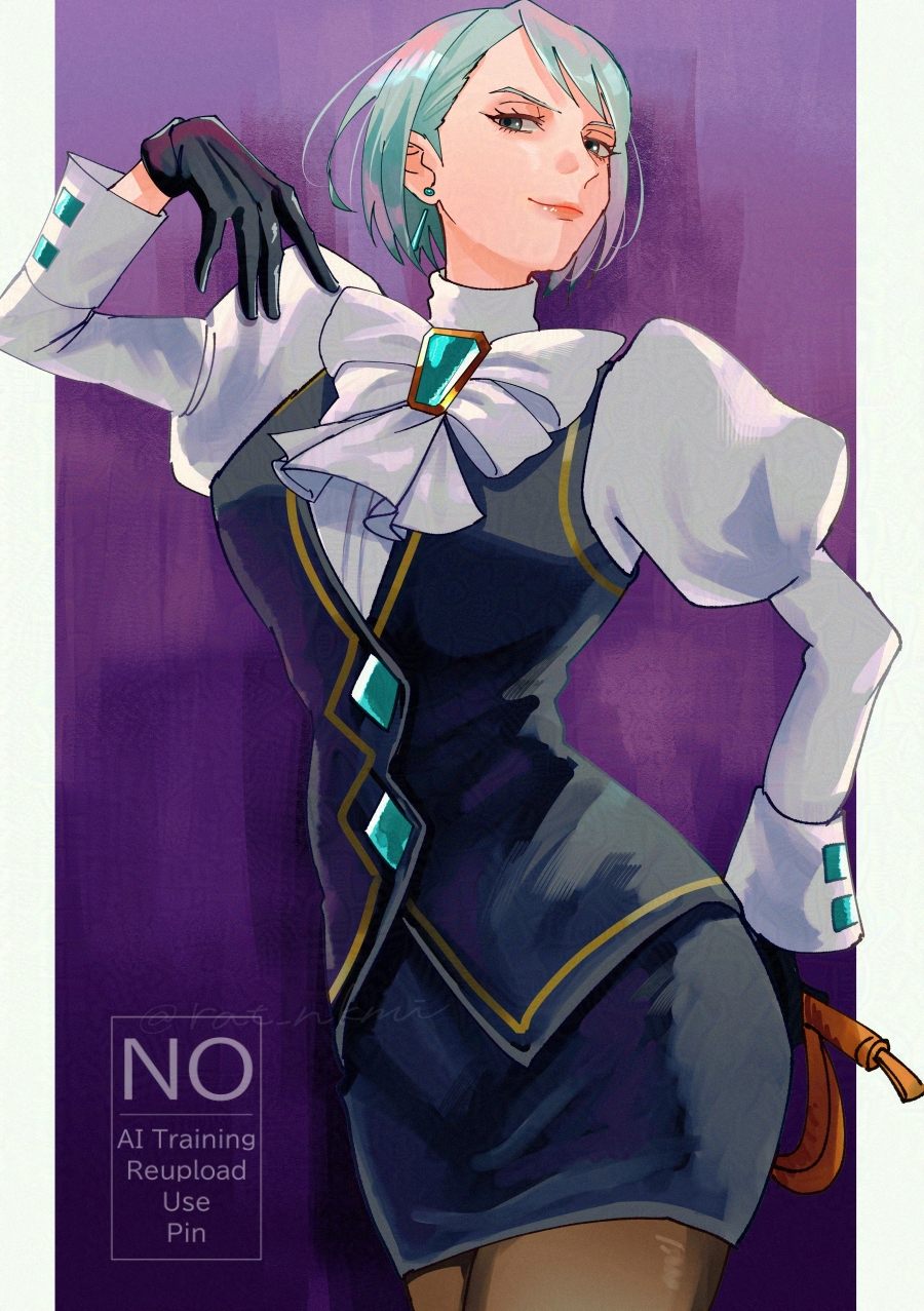 rat nkmi, franziska von karma, ace attorney, highres, 1girl, black gloves, black skirt, blue hair, bow, closed mouth, earrings, eyelashes, gloves, holding, holding whip, jewelry, juliet sleeves, long sleeves, looking at viewer, puffy sleeves, short hair, skirt, smile, solo, whip, white bow