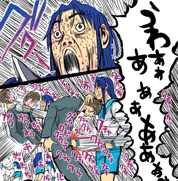 aasu, earth kai, asakura ryoko, kyon, uchiyamada hiroshi, great teacher onizuka, suzumiya haruhi no yuuutsu, md5 mismatch, translation request, 1boy, 1girl, asphyxiation, blood, crazy, crossover, knife, parody, school uniform, shovel, stab, strangling, worktool, yandere