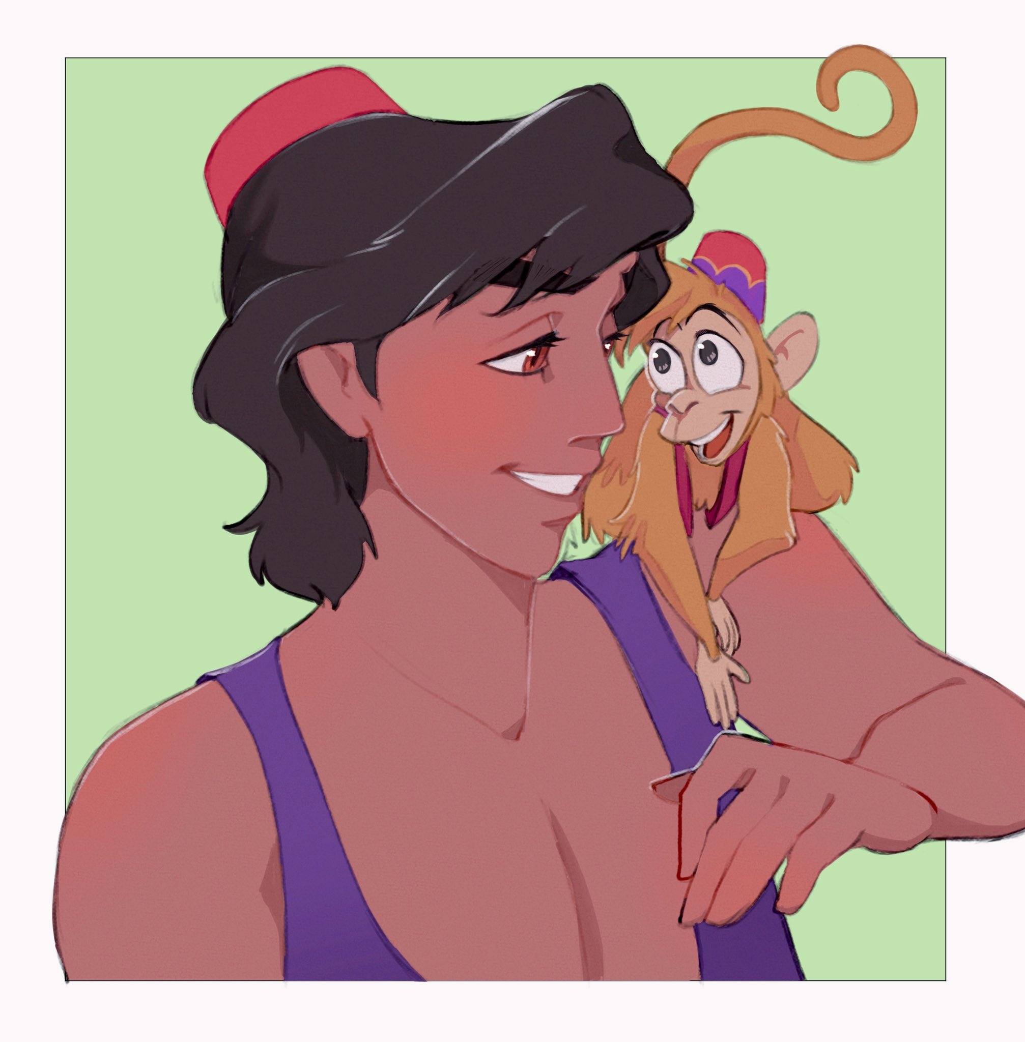 ri ri ri2, abu (aladdin), aladdin (disney), aladdin (movie), highres, 2boys, animal, arabian clothes, black hair, brown eyes, brown hair, dark-skinned male, dark skin, fez hat, hat, looking at viewer, monkey, multiple boys, open mouth, shirt, short hair, smile