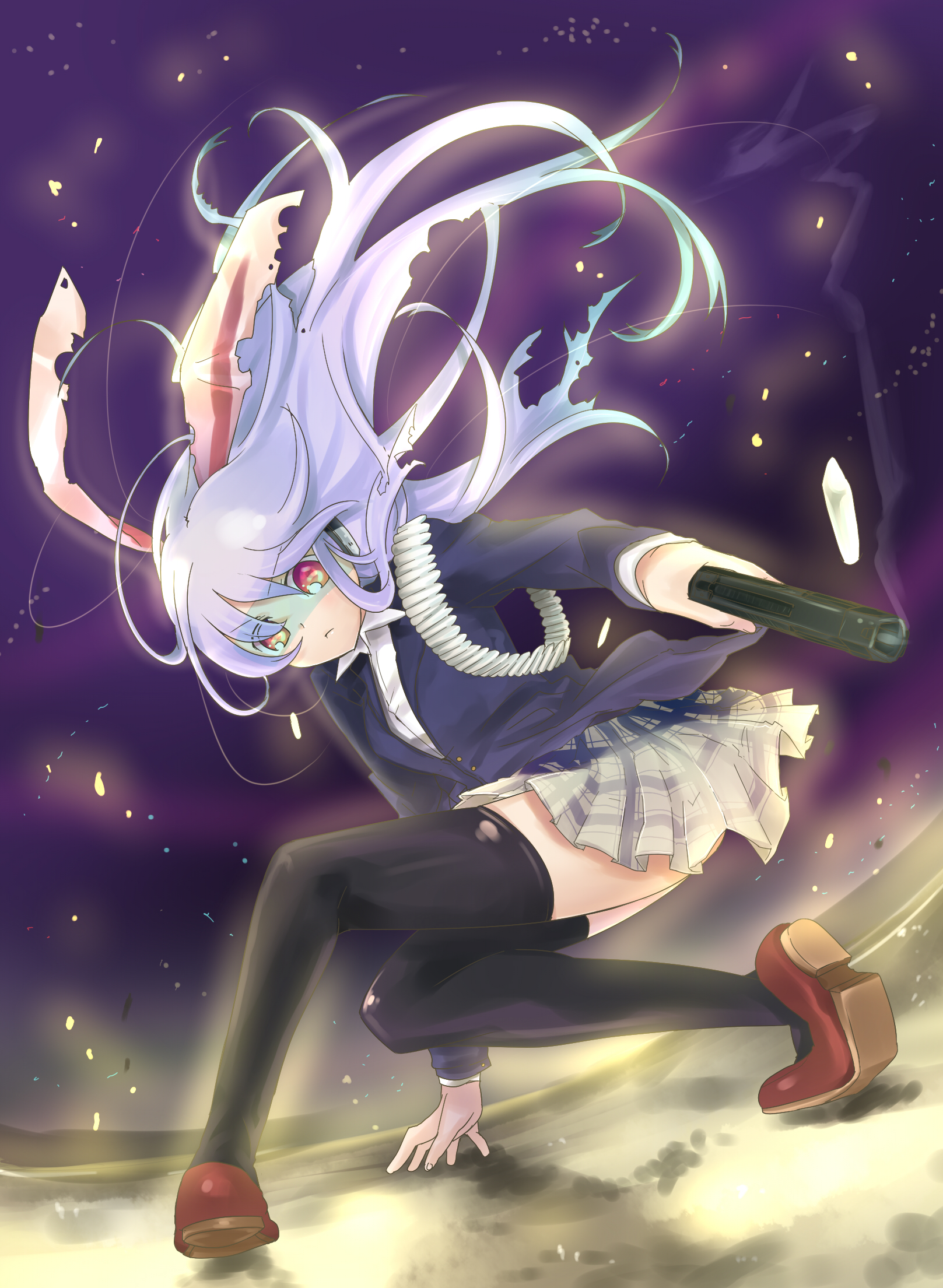 kippu, reisen udongein inaba, touhou, bad id, bad pixiv id, highres, 1girl, animal ears, female focus, full body, gun, legs, rabbit ears, red eyes, solo, squatting, thighhighs, weapon, zettai ryouiki