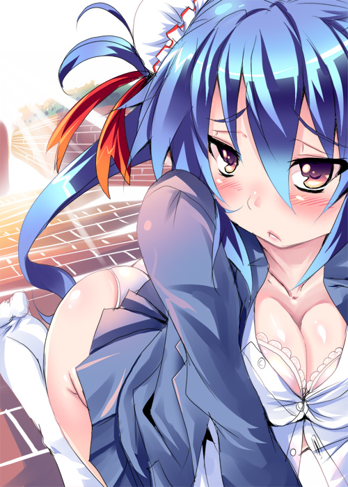shiranagi, original, 1girl, blue hair, blush, bra, breasts, cleavage, female focus, large breasts, lingerie, panties, solo, underwear