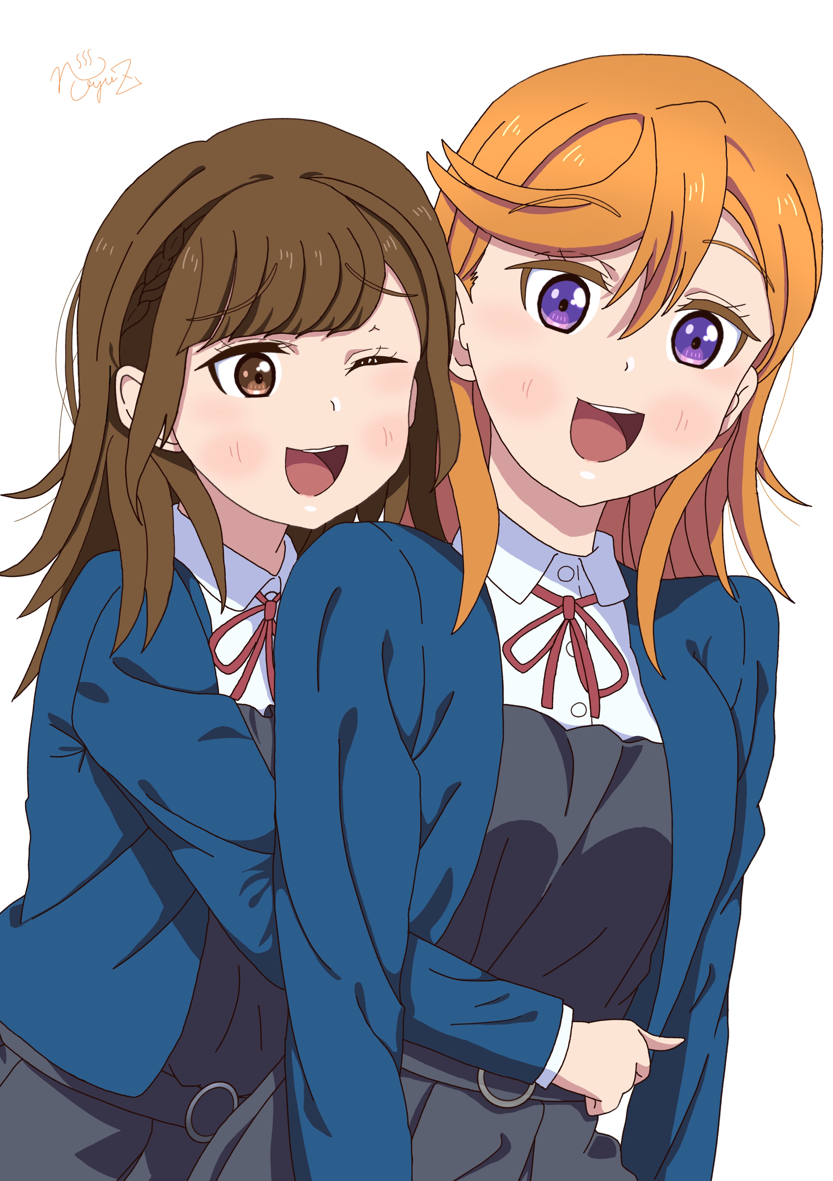 date sayuri, shibuya kanon, love live!, love live! superstar!!, real life, absurdres, commentary request, highres, 2girls, :d, animification, blue jacket, breasts, brown eyes, brown hair, collared shirt, dress, dress shirt, grey dress, hug, hug from behind, jacket, long hair, medium breasts, medium hair, multiple girls, neck ribbon, noyu z, open clothes, open jacket, open mouth, orange hair, pinafore dress, purple eyes, raised inner eyebrows, red ribbon, ribbon, school uniform, shirt, signature, simple background, sleeveless, sleeveless dress, smile, voice actor, voice actor connection, white background, white shirt, winter uniform, yuigaoka school uniform