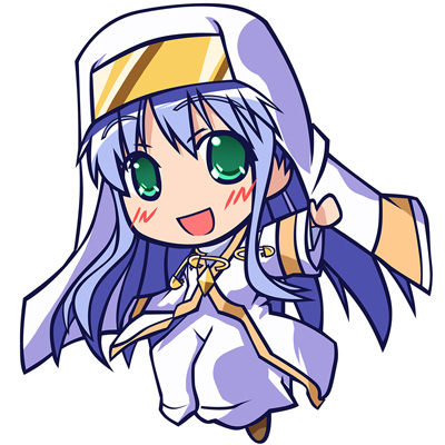 kajun, index (toaru majutsu no index), toaru majutsu no index, lowres, 00s, 1girl, :d, chibi, cloak, dress, female focus, full body, long sleeves, looking at viewer, nun, open mouth, smile, solo, veil, white dress